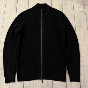 Massimo Dutti Rib Knit Full Zip Sweater Black Cotton Mock Neck Men's Size Small
